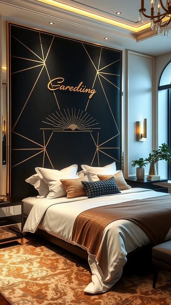 A stylish bedroom with a black Art Deco headboard featuring gold accents, white and brown bedding, and natural light.