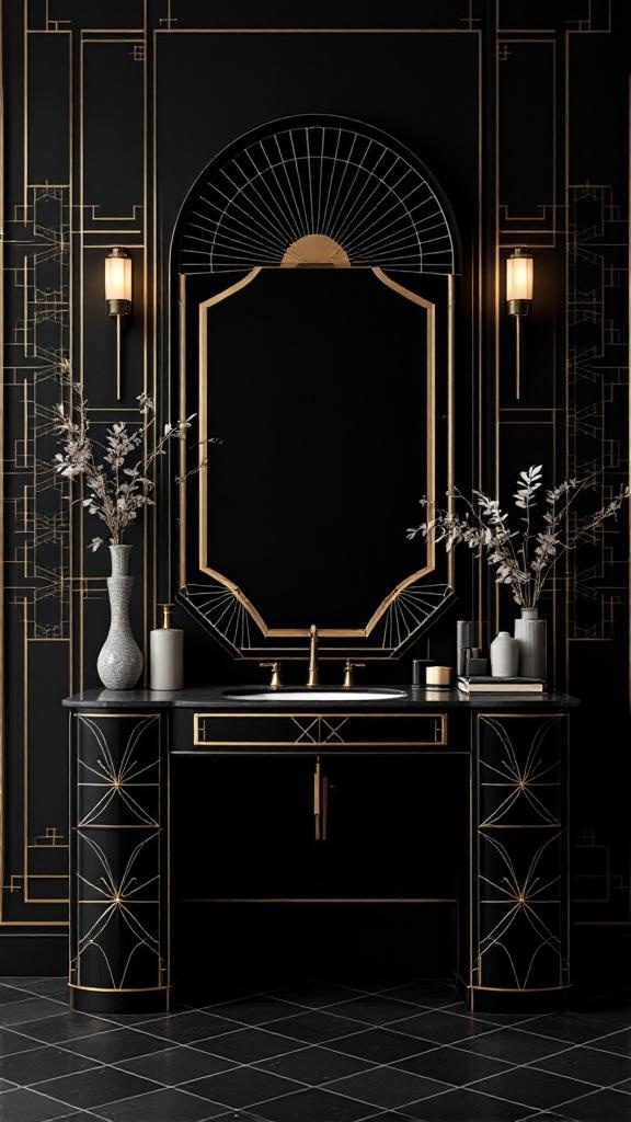 Art Deco black vanity with gold detailing, featuring a mirror and decorative vases.