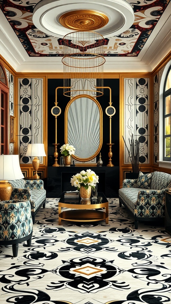 An elegant Art Deco living room featuring geometric patterns, gold accents, and stylish furniture.