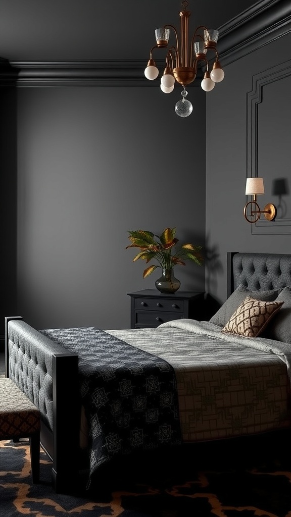 A stylish black bedroom featuring a tufted bed, elegant chandelier, and decorative accents.