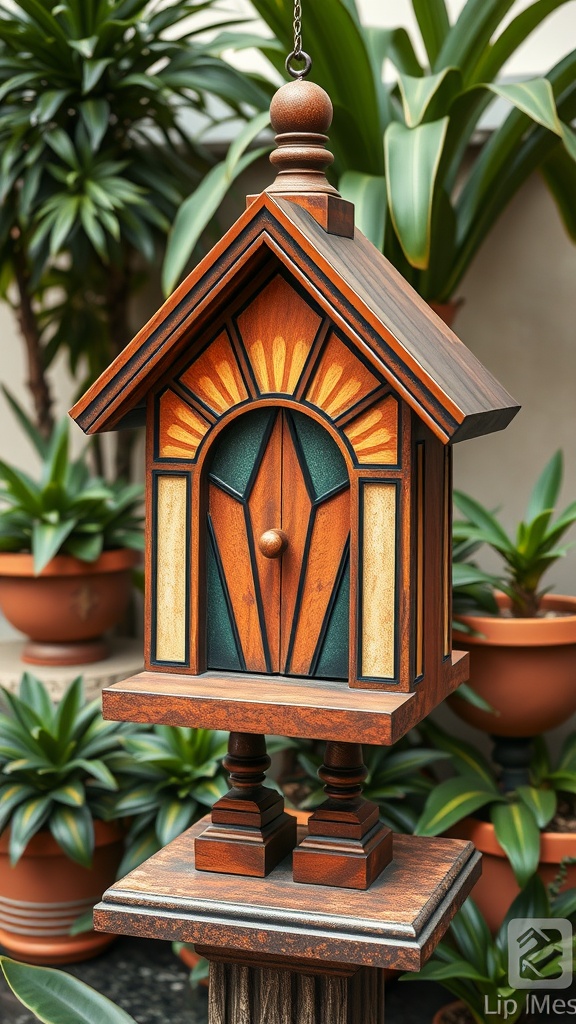 Art Deco style birdhouse with vibrant colors and geometric patterns