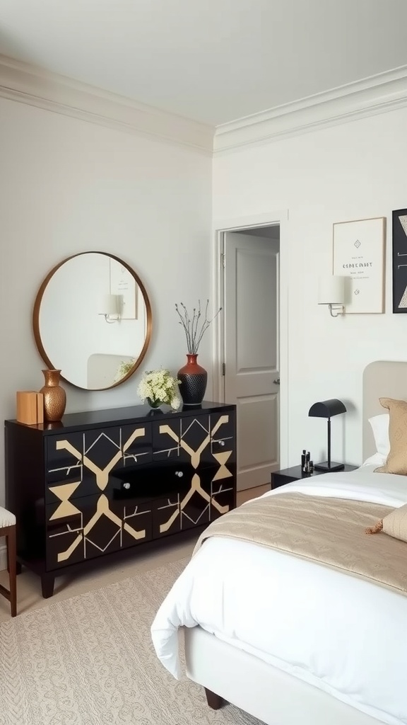 A stylish bedroom featuring a black dresser with gold geometric patterns, a round mirror, and neutral decor.