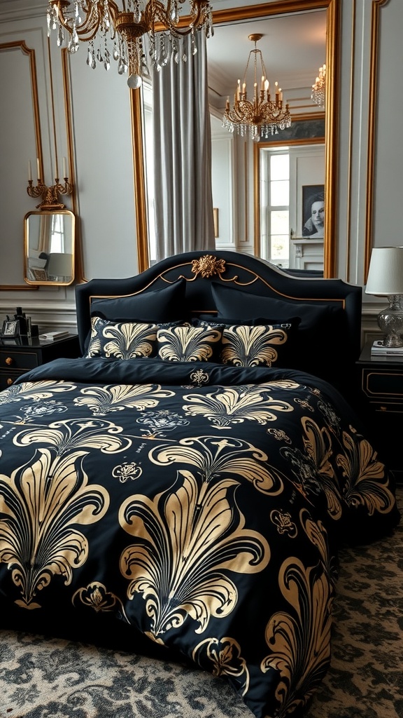 A luxurious bedroom featuring a black comforter with gold patterns, ornate headboard, and elegant chandeliers.