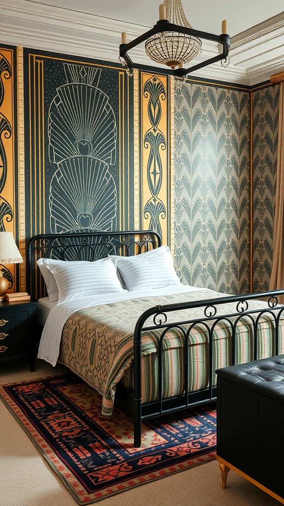 A stylish bedroom featuring a black bed frame, Art Deco wallpaper, and elegant decor.