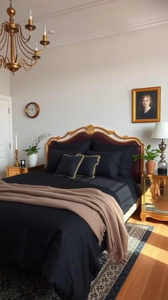 A stylish bedroom featuring black sheets, an elegant headboard, and Art Deco elements.