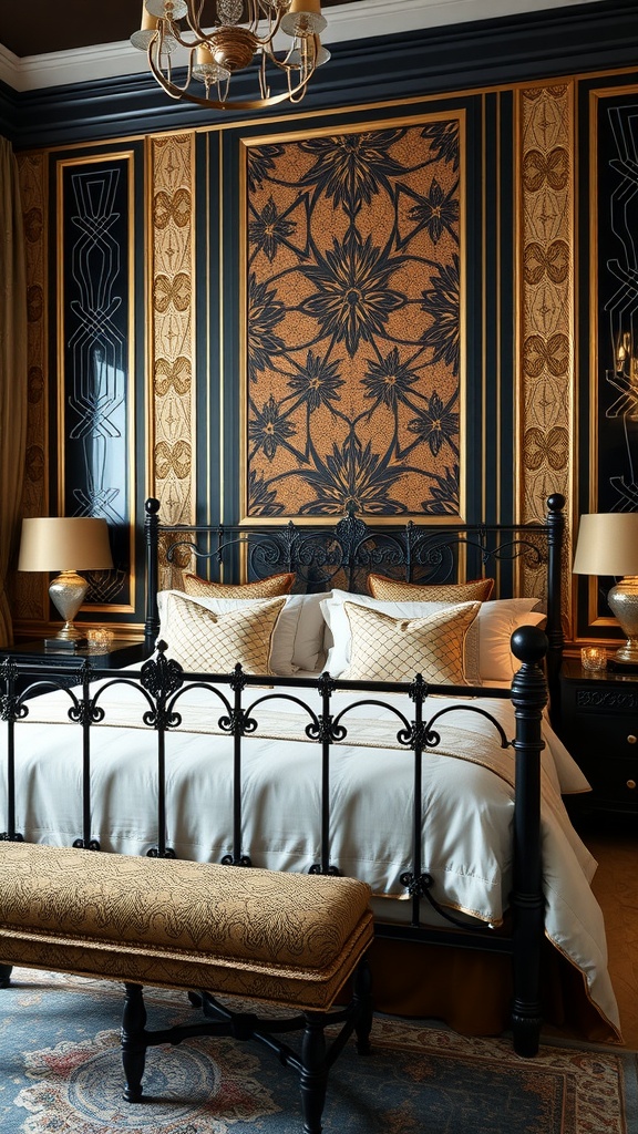A luxurious bedroom featuring a black iron bed frame, ornate wall patterns in gold and dark hues, and elegant decor.