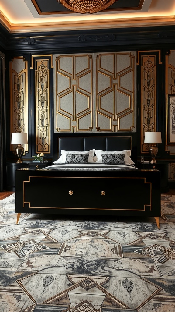 Art Deco bedroom featuring a black bedframe, geometric wall patterns, and elegant chandelier.