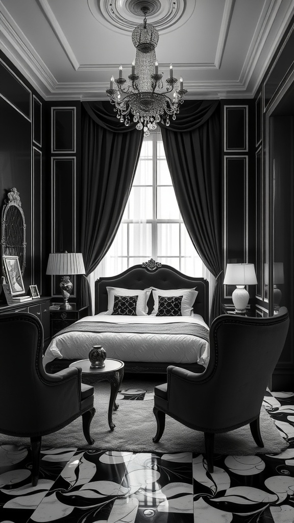 A black and white Art Deco bedroom featuring a chandelier, elegant furniture, and patterned flooring.