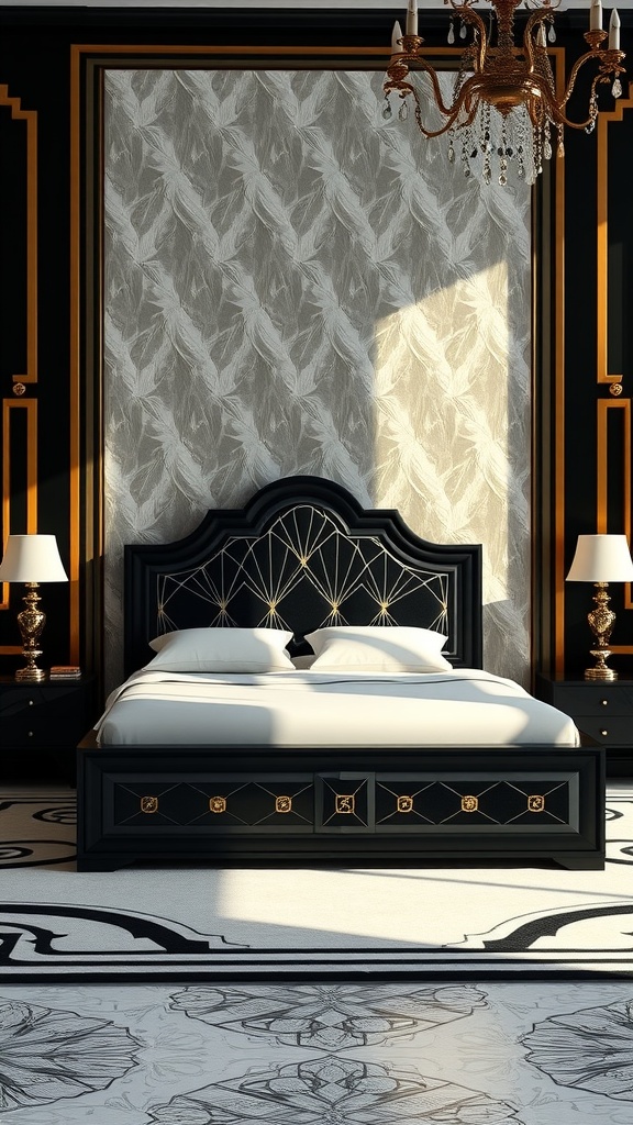 A black bed with an Art Deco design, featuring a geometric headboard and gold accents, set against a stylish wallpaper and chandelier.