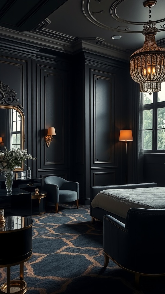 A luxurious black bedroom with Art Deco influences, featuring dark walls, elegant furniture, and a beautiful chandelier.