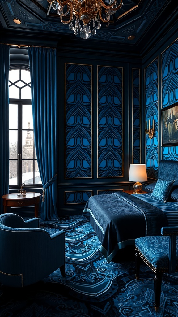Art Deco style bedroom featuring blue and black decor with geometric patterns and luxurious furnishings.