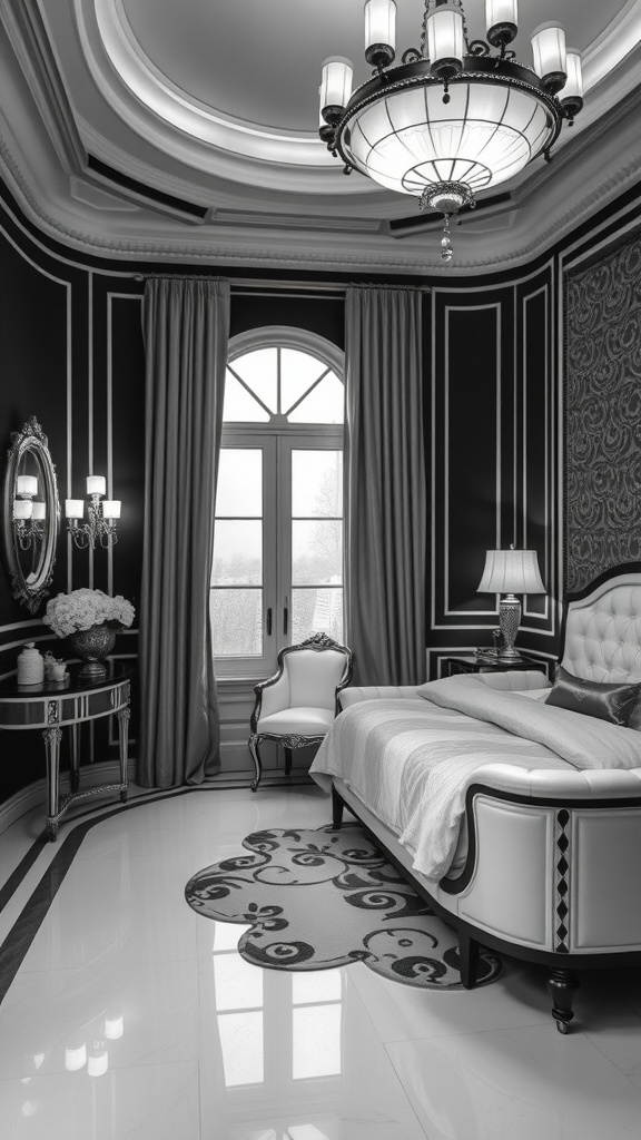 A luxurious black and white Art Deco inspired bedroom featuring elegant furniture and decor.