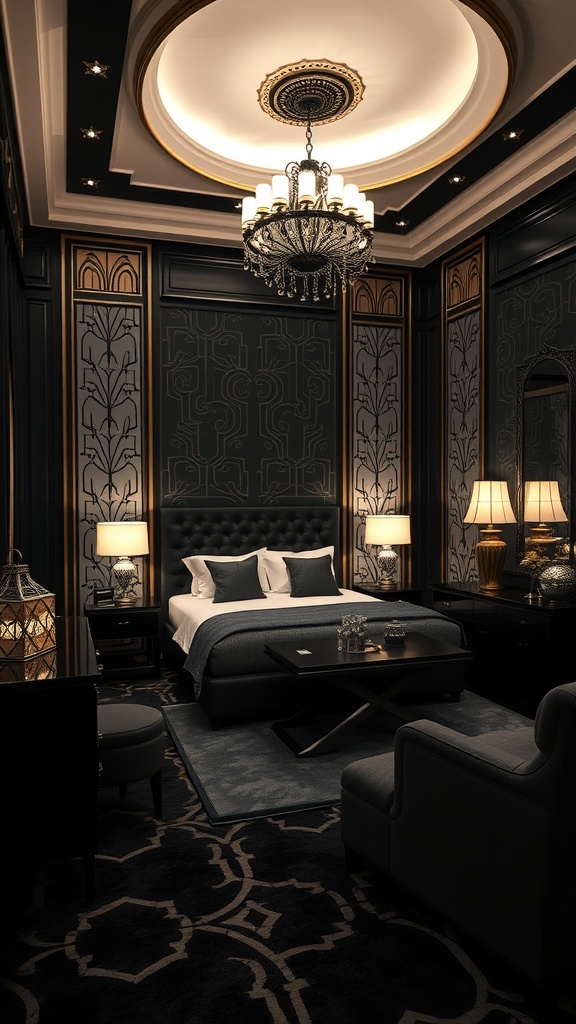 A luxurious Art Deco bedroom featuring black furniture, intricate wall patterns, and a stunning chandelier.