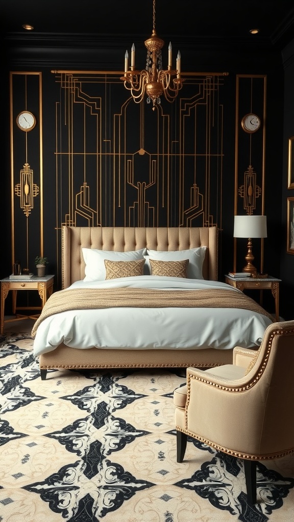 A luxurious Art Deco inspired bedroom featuring black walls with gold patterns, a plush bed, and elegant decor.