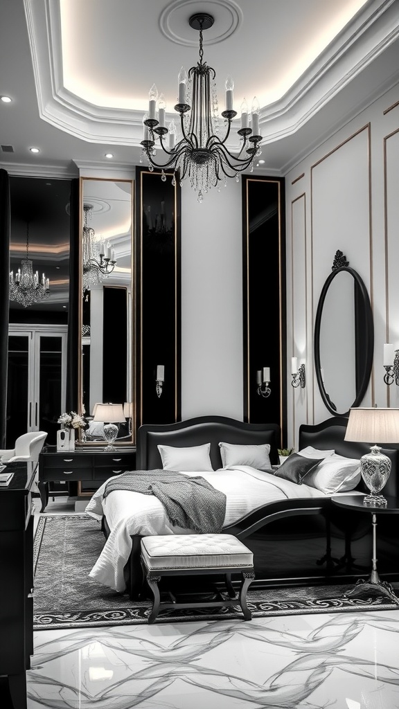 Black and white bedroom with Art Deco elements, featuring a chandelier and elegant furniture.