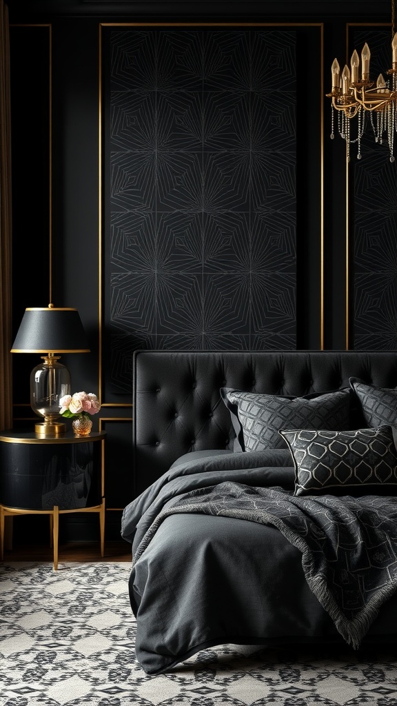 Art Deco inspired bedroom with black accent walls and gold accents.