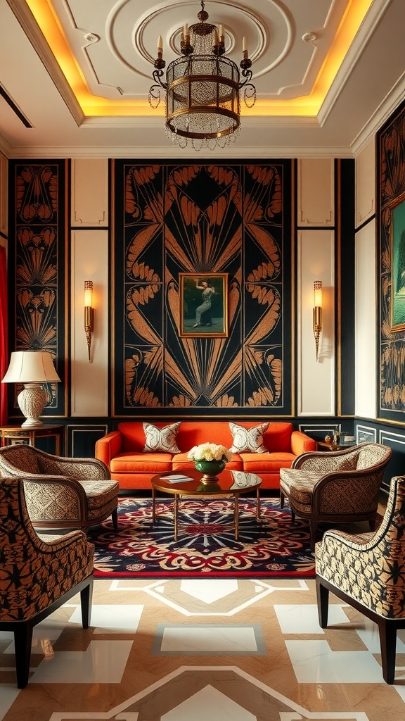 A sophisticated Art Deco living room featuring patterned walls, a bold orange sofa, ornate armchairs, and elegant lighting.