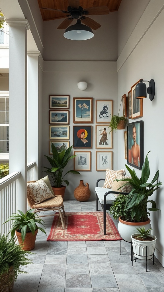 Small enclosed porch with an art gallery wall display featuring various framed artworks and plants.