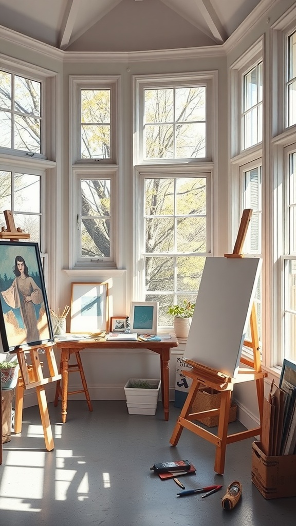 A bright small sunroom art studio with large windows, easels, and art supplies.