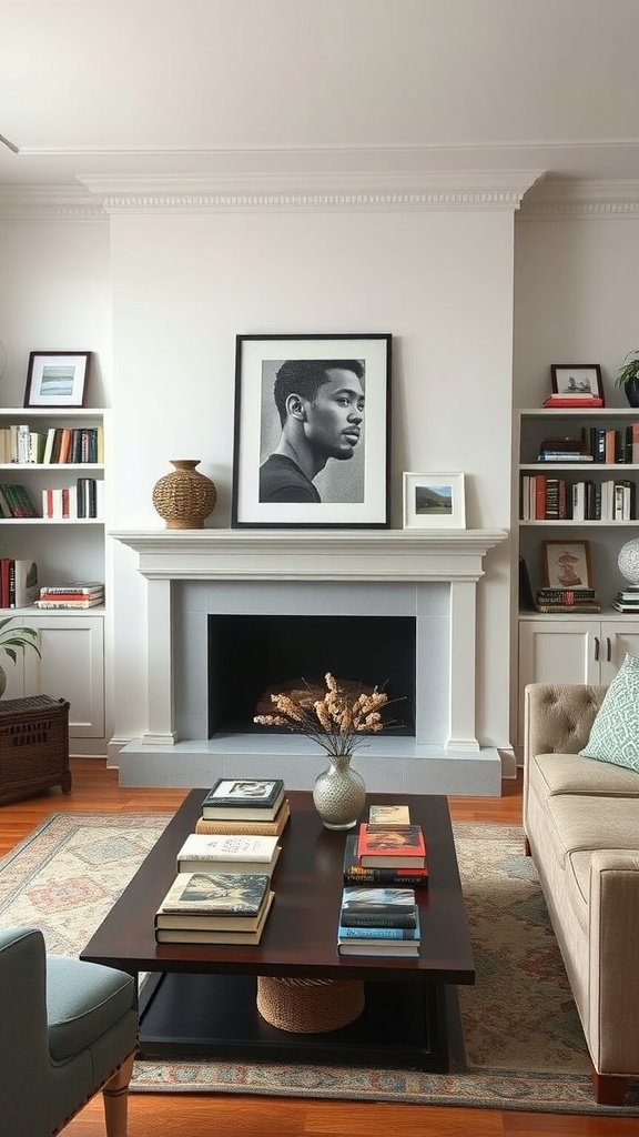 Cozy living room featuring books on shelves and a coffee table, with a portrait on the wall.