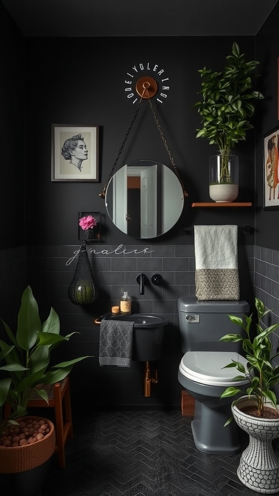 A stylish dark bathroom featuring black walls, a round mirror, framed art, and decorative plants.