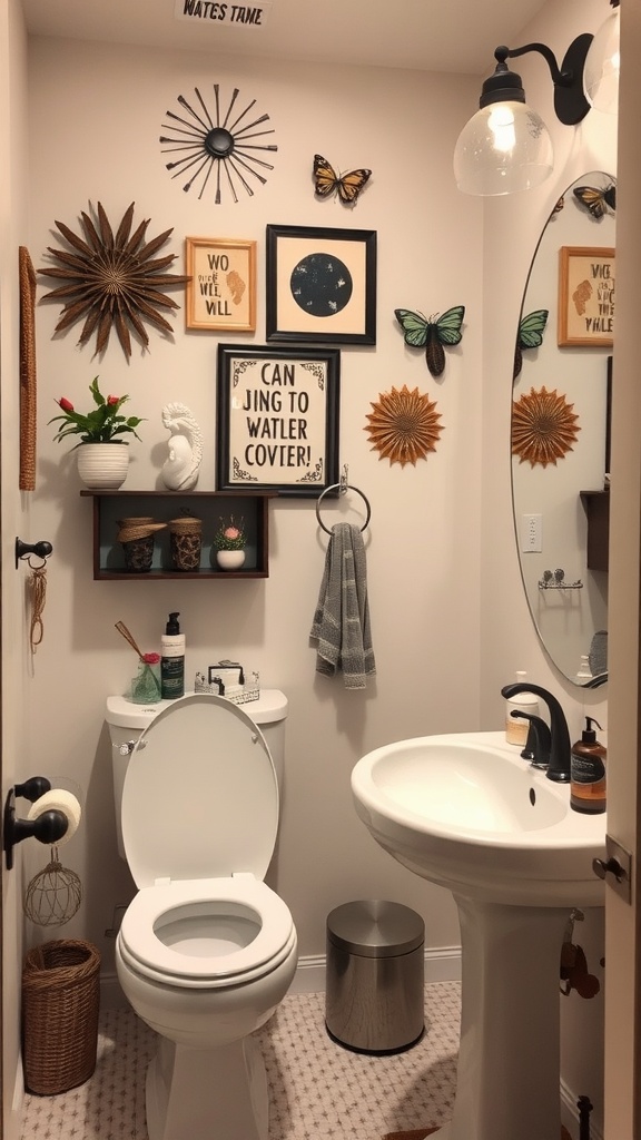 A small bathroom with artful decor, featuring wall hangings, plants, and stylish accessories.