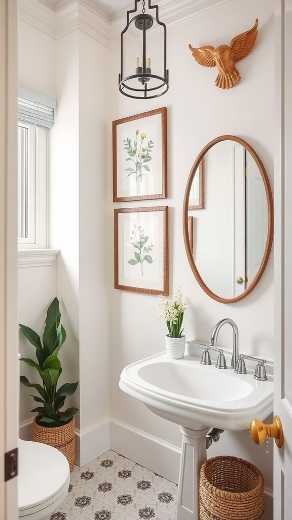 A clean bathroom featuring framed botanical art, a wooden owl wall decoration, a round mirror, and decorative plants in baskets.