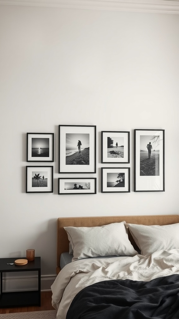 A cozy bedroom featuring a bed with beige bedding and a wall adorned with black-and-white framed photographs.