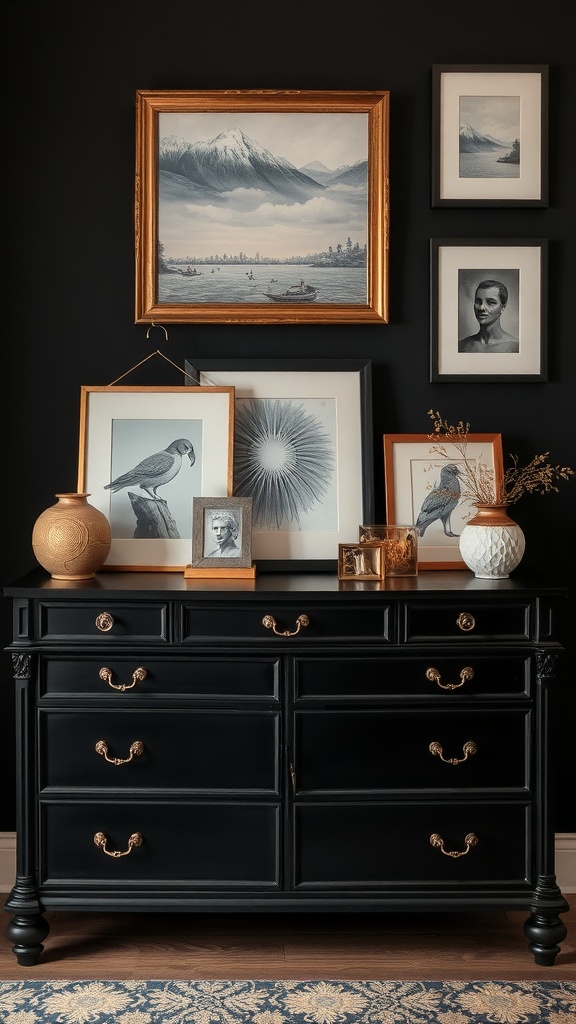 A black dresser with art and decorative items displayed on top, featuring various framed artworks and a mix of textures.