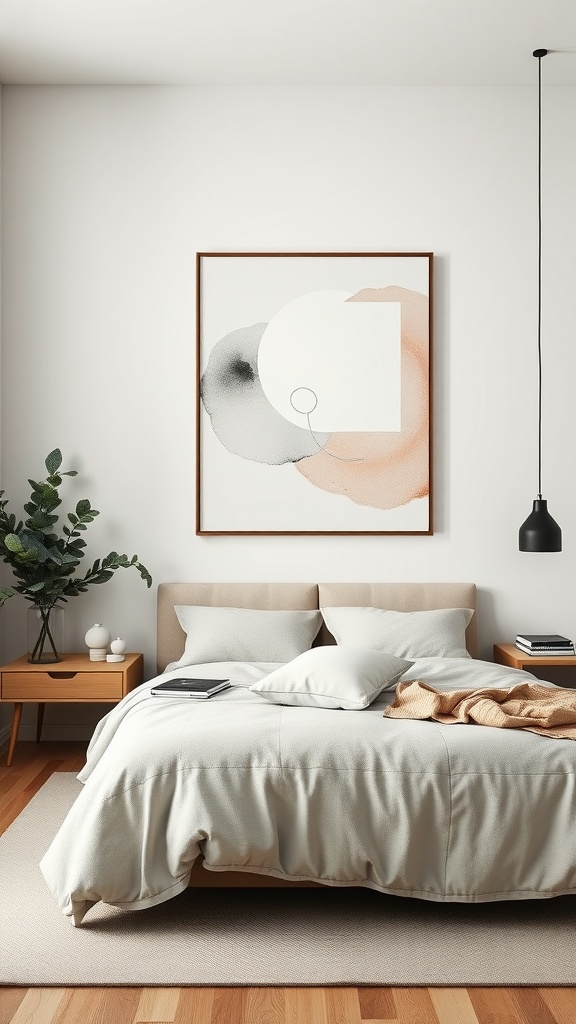A minimalist bedroom featuring soft abstract wall art, neutral bedding, and wooden furniture.