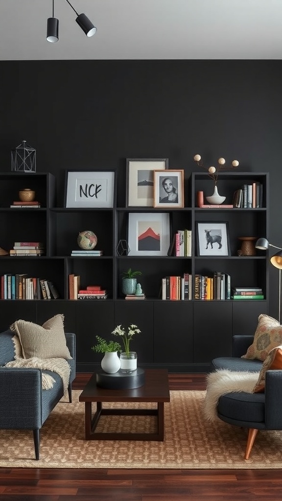Dark living room with stylish shelving and storage.