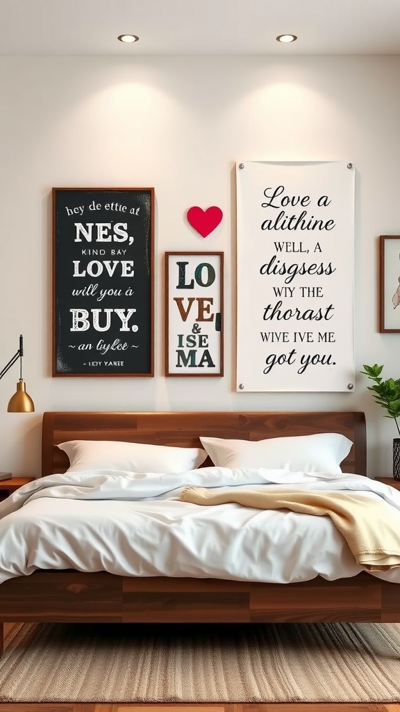 A cozy bedroom featuring a gallery wall with romantic art, including quotes and a heart shape.