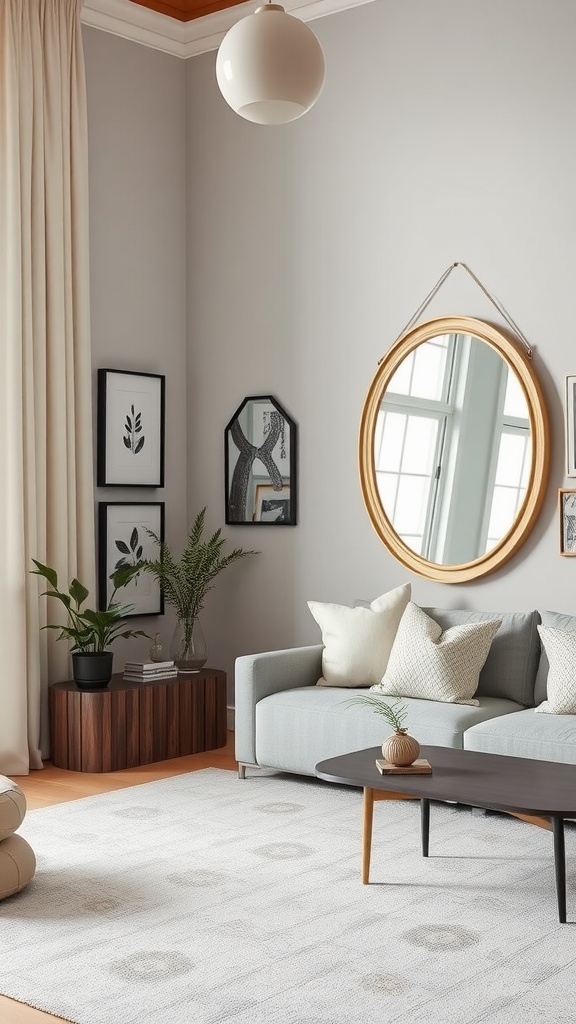 A clean and stylish living room with wall decor including framed art, a mirror, and plants