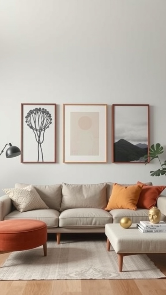 A minimalist living room featuring a beige sofa, artful wall displays with three framed artworks, and stylish decor elements.