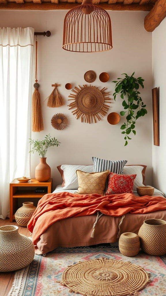 A cozy boho bedroom featuring artisan-made accessories, including woven baskets, wall decor, and natural materials.