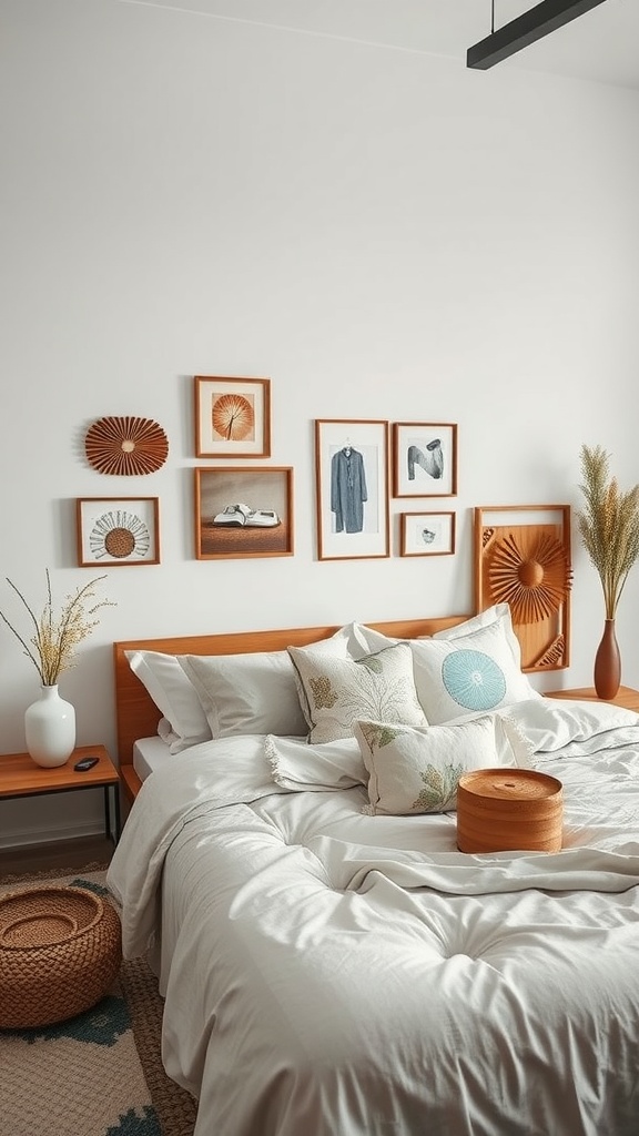 A cozy modern bedroom featuring artisan crafted decor with wooden furniture, decorative wall art, and soft textiles.