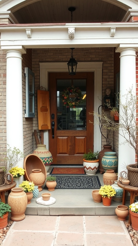 A small porch decorated with artisan crafted pots and vibrant flowers.