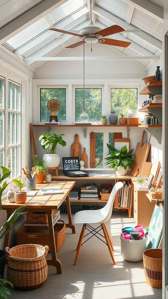 Bright and cozy sunroom designed as a crafting space with lots of plants, a wooden desk, and art supplies.
