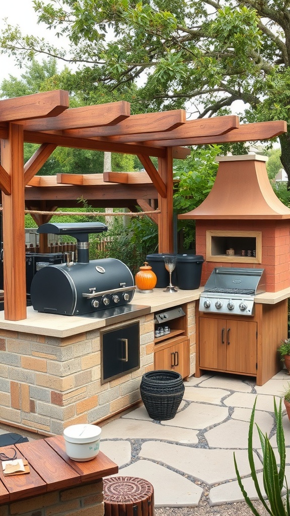 An artisan outdoor cooking station featuring a black grill, brick and wood accents, and a pergola overhead.