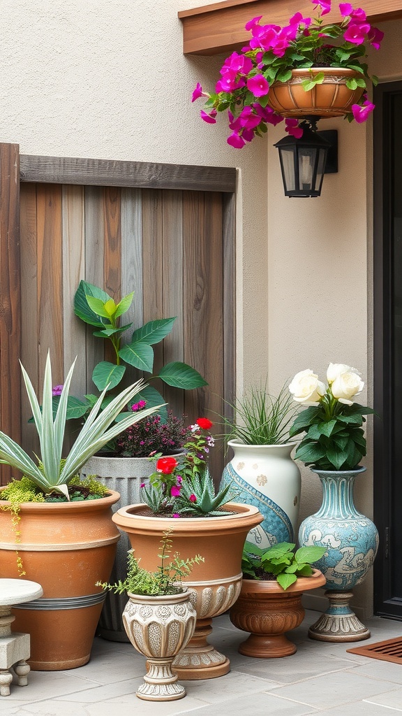A collection of artisan planters with colorful flowers and greenery arranged on a small patio.