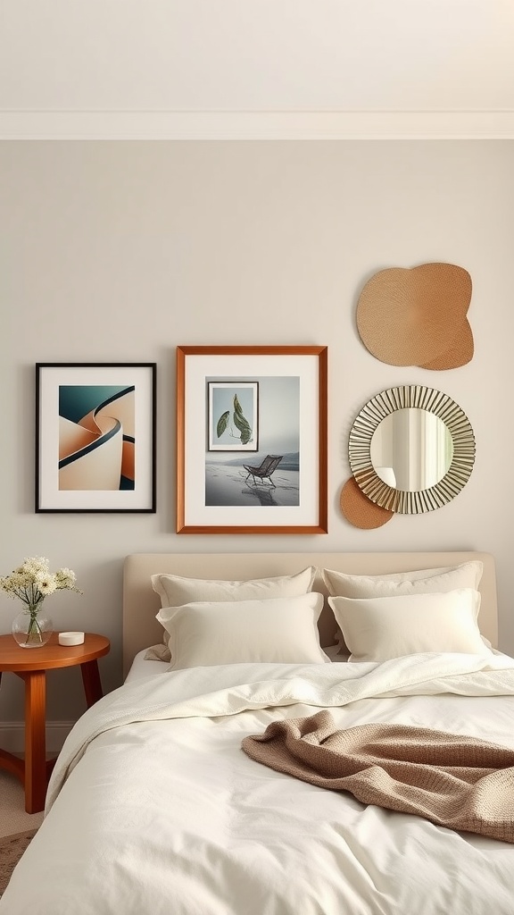 A cozy bedroom featuring beige walls, framed artworks, and soft bedding.