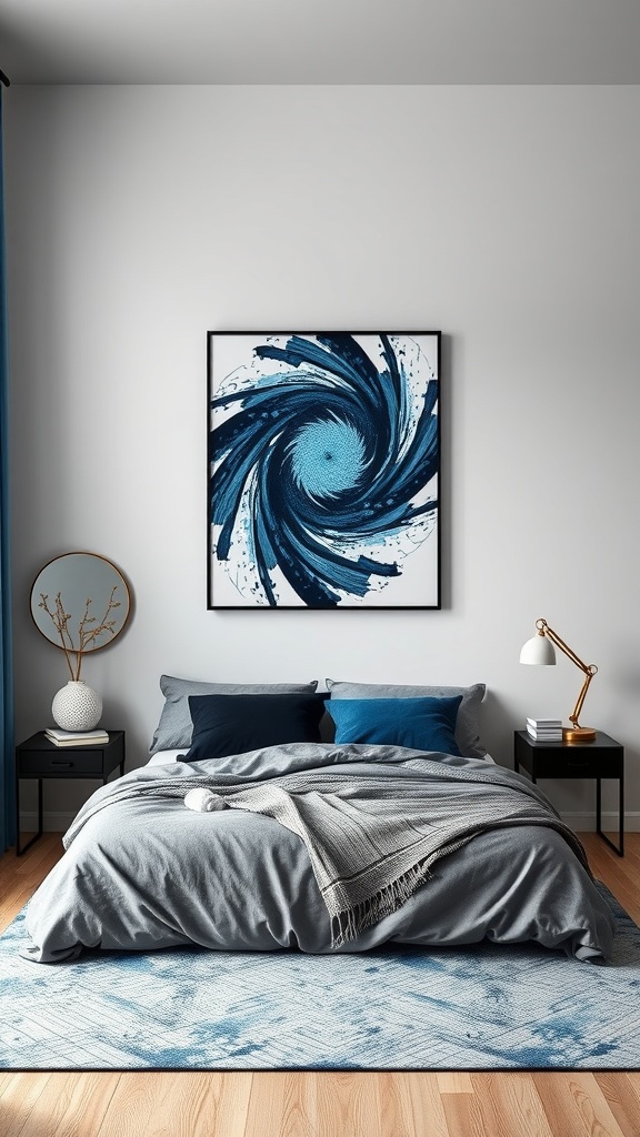 A stylish bedroom featuring a swirling blue wall art piece above a neatly made bed with gray bedding.