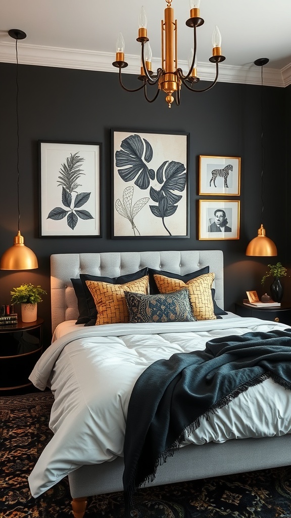 A stylish black bedroom featuring a dark bedspread, gold accent pillows, a unique chandelier, and artistic wall decor.