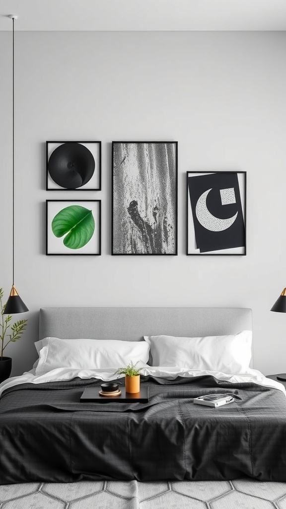 A stylish black and green wall art arrangement in a modern bedroom.