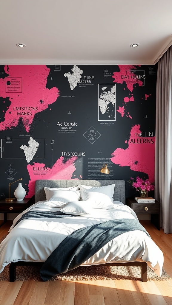 A modern bedroom featuring a black and pink wall mural with abstract designs and text.