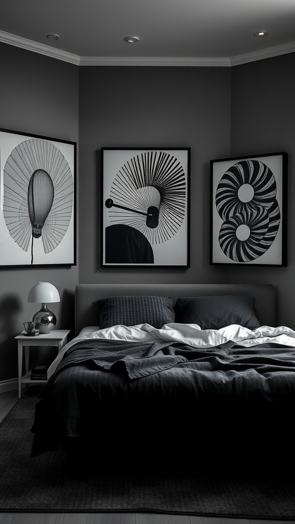 A stylish grey and black bedroom featuring artistic black and white artwork on the walls.