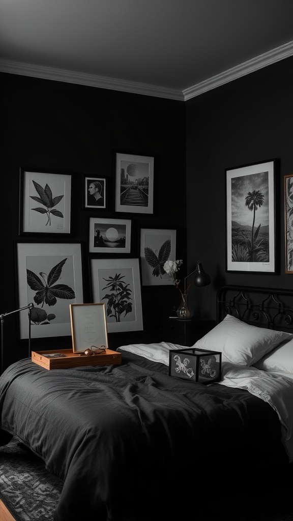 A stylish black and white bedroom featuring dark walls, a cozy bed with dark bedding, and a gallery wall of framed art.