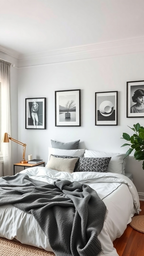 Cozy black and white bedroom with artwork on the walls and soft bedding