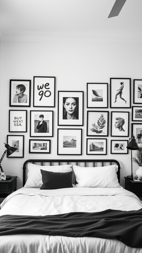 A black and white bedroom featuring a gallery wall of framed art above a neatly made bed.