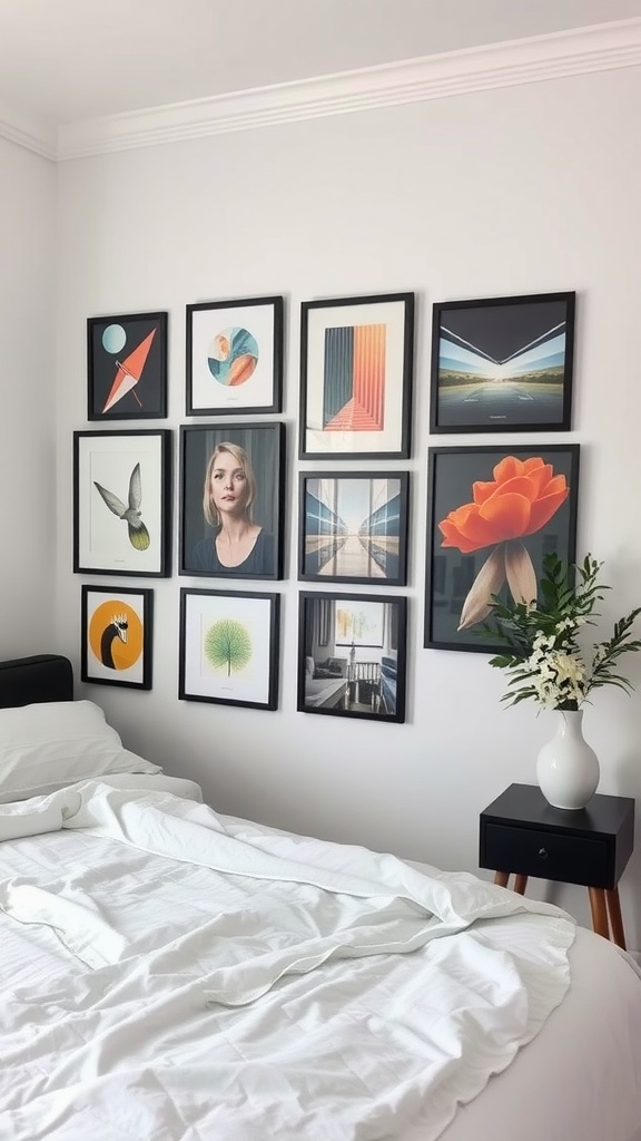 A black gallery wall featuring various framed artworks above a bed with white bedding.